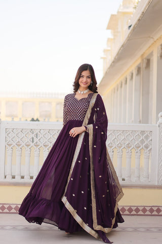 Faux Blooming Multi Sequin Embroidered Wine Gown with Luxurious Dupatta ClothsVilla