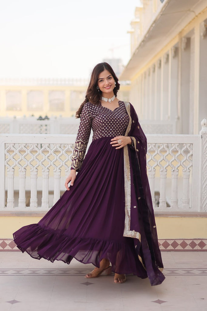 Faux Blooming Multi Sequin Embroidered Wine Gown with Luxurious Dupatta ClothsVilla