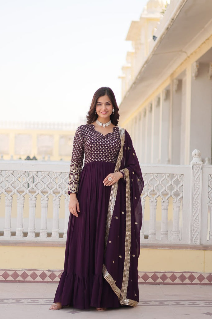 Faux Blooming Multi Sequin Embroidered Wine Gown with Luxurious Dupatta ClothsVilla