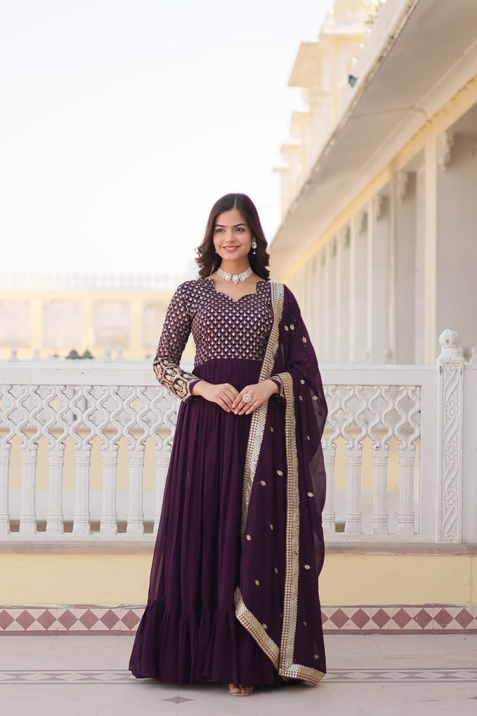 Faux Blooming Multi Sequin Embroidered Wine Gown with Luxurious Dupatta ClothsVilla