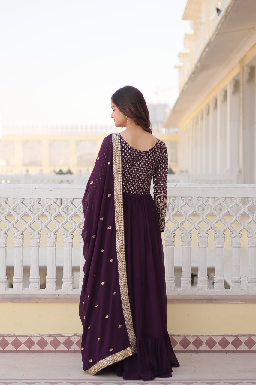 Faux Blooming Multi Sequin Embroidered Wine Gown with Luxurious Dupatta ClothsVilla