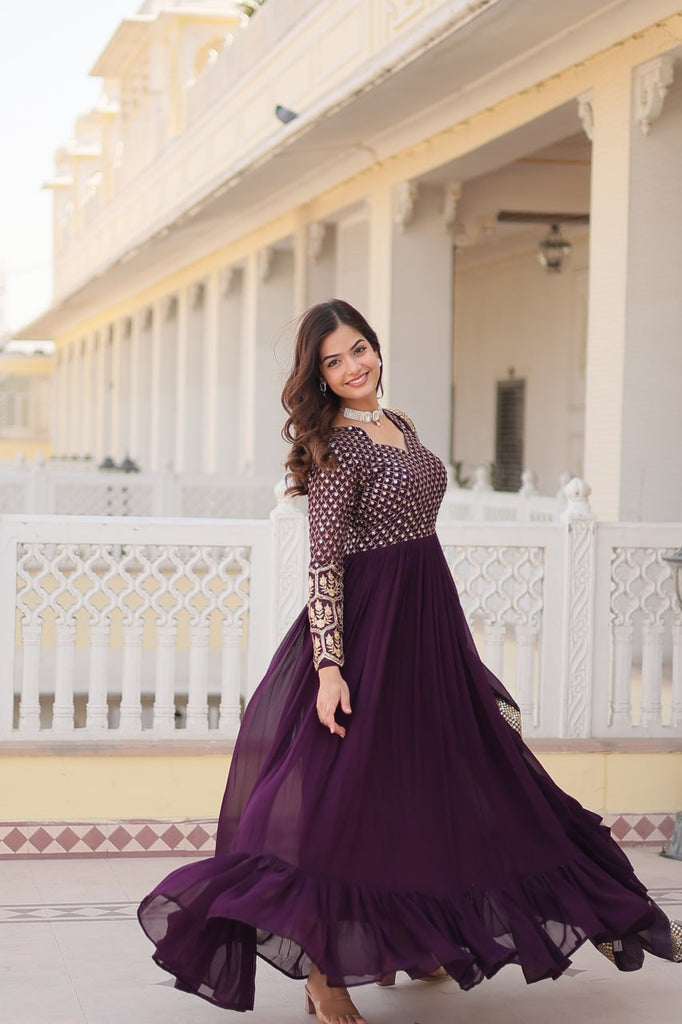 Faux Blooming Multi Sequin Embroidered Wine Gown with Luxurious Dupatta ClothsVilla