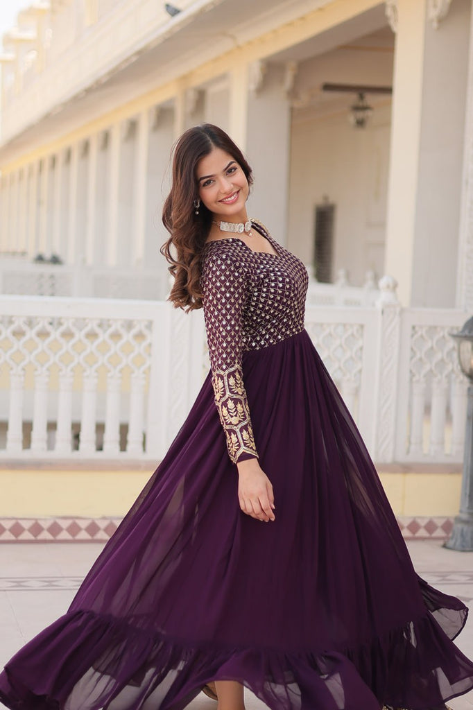 Faux Blooming Multi Sequin Embroidered Wine Gown with Luxurious Dupatta ClothsVilla