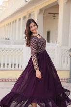 Load image into Gallery viewer, Faux Blooming Multi Sequin Embroidered Wine Gown with Luxurious Dupatta ClothsVilla