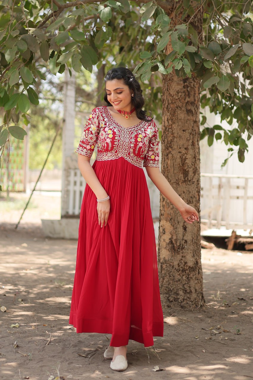 Faux Blooming Red Gown with Zari & Sequin Embellishments Secondary image