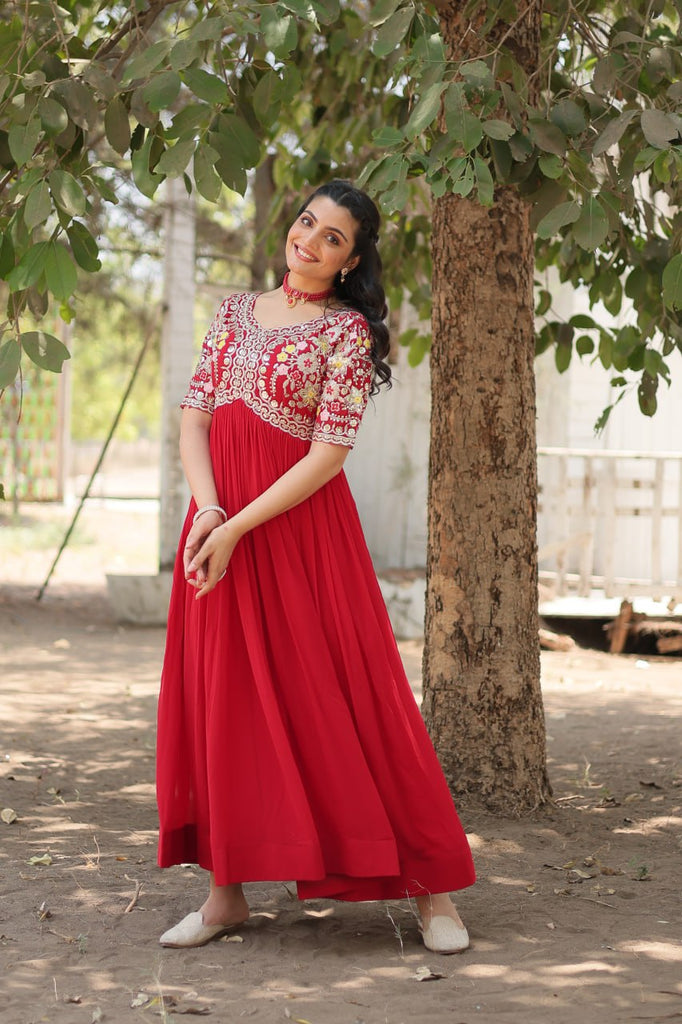 Faux Blooming Red Gown with Zari & Sequin Embellishments ClothsVilla