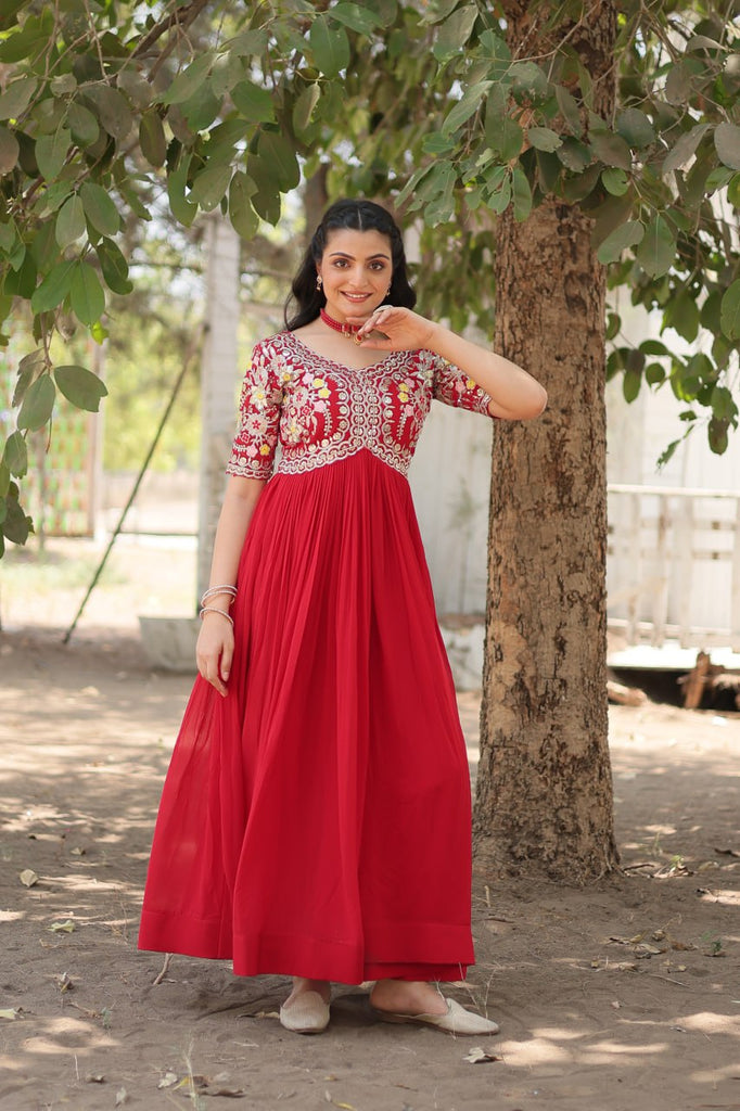 Faux Blooming Red Gown with Zari & Sequin Embellishments ClothsVilla