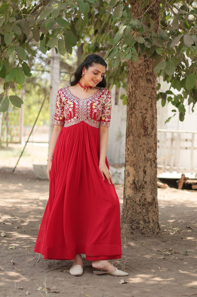 Faux Blooming Red Gown with Zari & Sequin Embellishments ClothsVilla