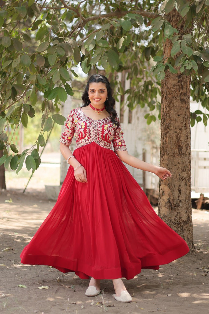 Faux Blooming Red Gown with Zari & Sequin Embellishments ClothsVilla