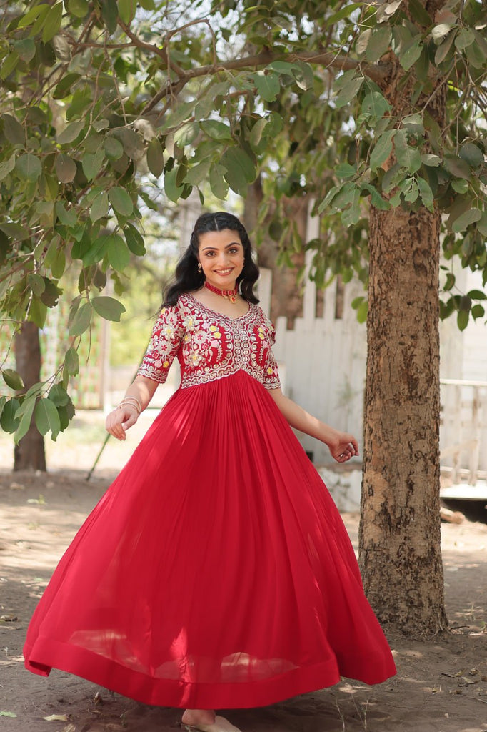 Faux Blooming Red Gown with Zari & Sequin Embellishments ClothsVilla