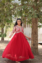 Load image into Gallery viewer, Faux Blooming Red Gown with Zari &amp; Sequin Embellishments ClothsVilla