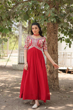 Load image into Gallery viewer, Faux Blooming Red Gown with Zari &amp; Sequin Embellishments ClothsVilla