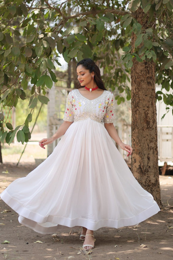 Faux Blooming White Gown with Zari & Sequin Embellishments ClothsVilla