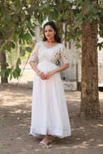 Load image into Gallery viewer, Faux Blooming White Gown with Zari &amp; Sequin Embellishments ClothsVilla