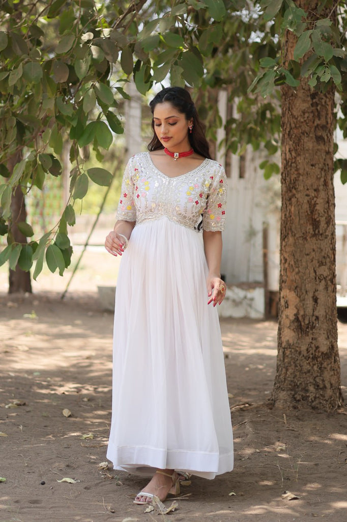 Faux Blooming White Gown with Zari & Sequin Embellishments ClothsVilla