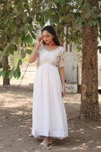 Load image into Gallery viewer, Faux Blooming White Gown with Zari &amp; Sequin Embellishments ClothsVilla