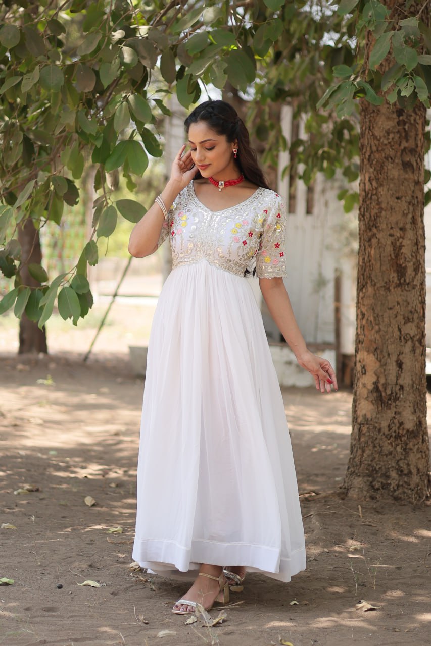 Faux Blooming White Gown with Zari & Sequin Embellishments ClothsVilla