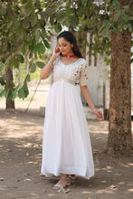 Load image into Gallery viewer, Faux Blooming White Gown with Zari &amp; Sequin Embellishments ClothsVilla