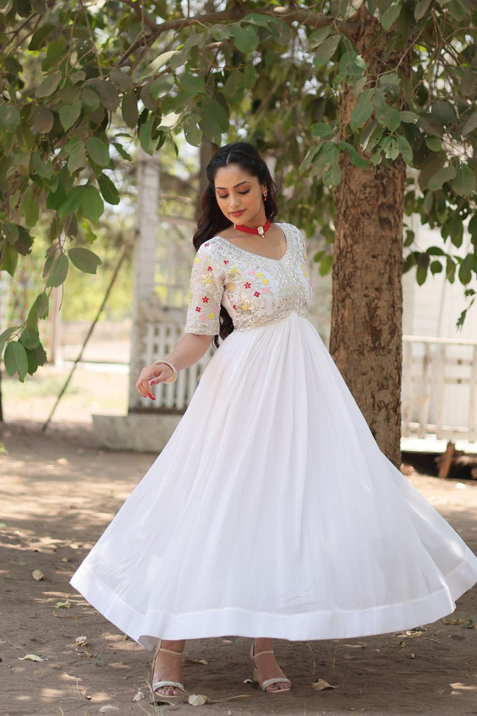 Faux Blooming White Gown with Zari & Sequin Embellishments ClothsVilla