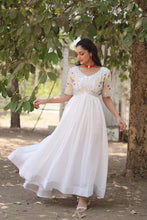 Load image into Gallery viewer, Faux Blooming White Gown with Zari &amp; Sequin Embellishments ClothsVilla