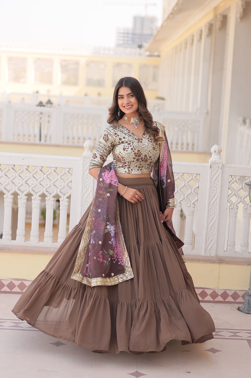 Faux Georgette Beige Lehenga Choli Set with Sequin Embroidery and Digital Print Dupatta ClothsVilla
