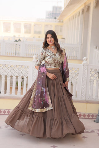 Faux Georgette Beige Lehenga Choli Set with Sequin Embroidery and Digital Print Dupatta ClothsVilla