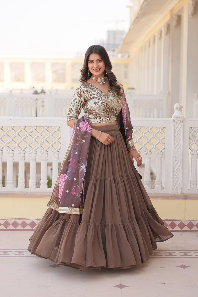 Faux Georgette Beige Lehenga Choli Set with Sequin Embroidery and Digital Print Dupatta ClothsVilla