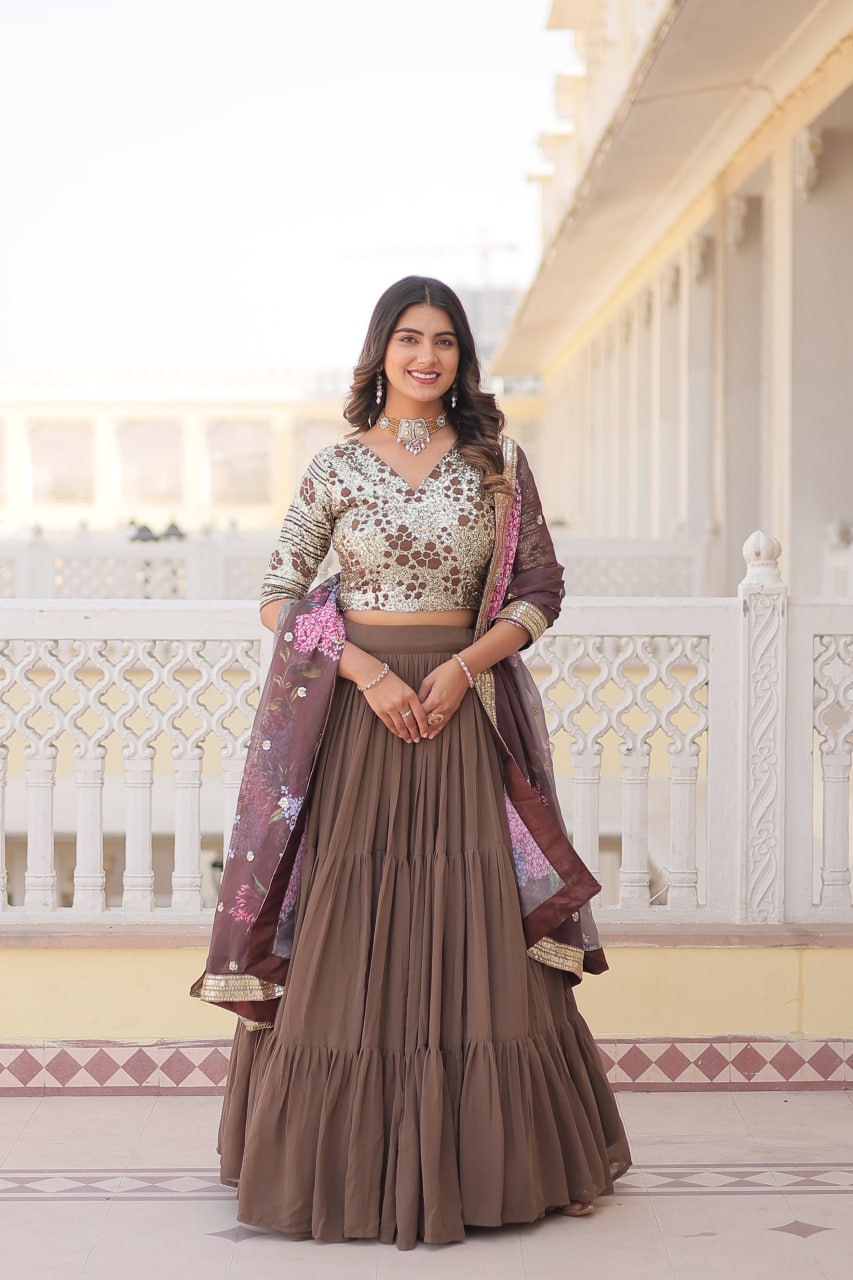 Faux Georgette Beige Lehenga Choli Set with Sequin Embroidery and Digital Print Dupatta ClothsVilla