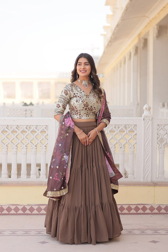 Faux Georgette Beige Lehenga Choli Set with Sequin Embroidery and Digital Print Dupatta ClothsVilla