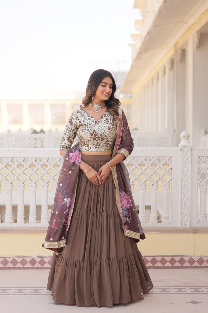 Faux Georgette Beige Lehenga Choli Set with Sequin Embroidery and Digital Print Dupatta ClothsVilla