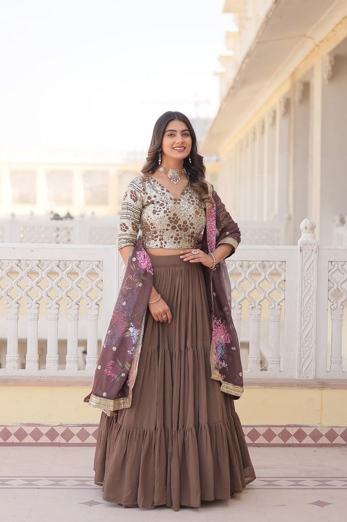 Faux Georgette Beige Lehenga Choli Set with Sequin Embroidery and Digital Print Dupatta ClothsVilla