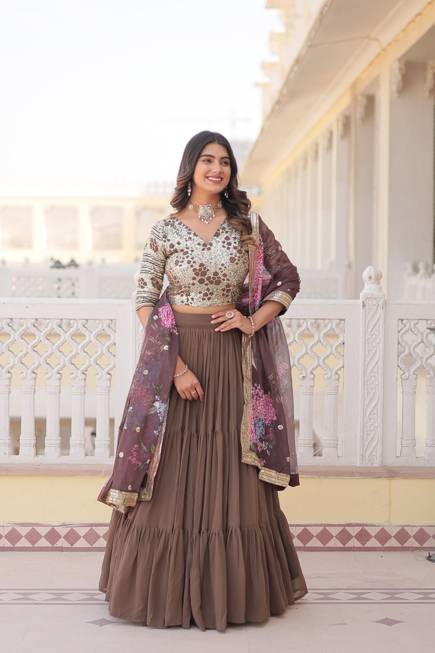 Faux Georgette Beige Lehenga Choli Set with Sequin Embroidery and Digital Print Dupatta ClothsVilla
