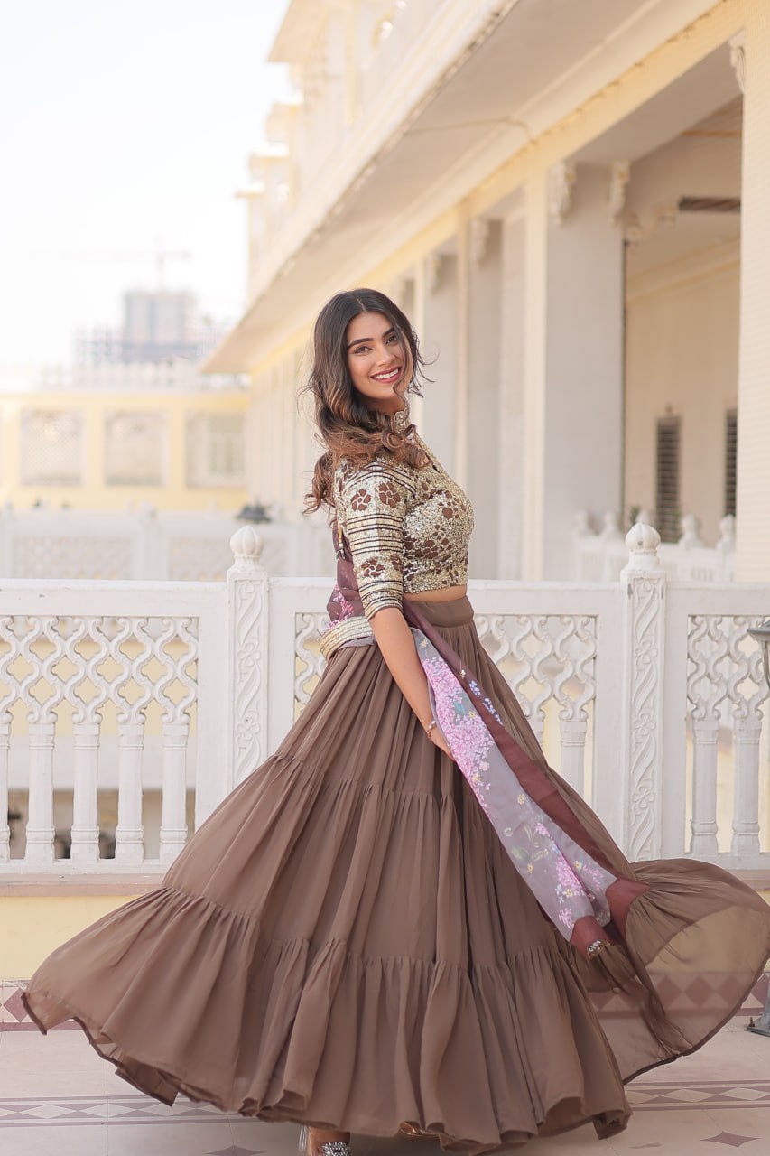 Faux Georgette Beige Lehenga Choli Set with Sequin Embroidery and Digital Print Dupatta ClothsVilla
