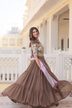 Load image into Gallery viewer, Faux Georgette Beige Lehenga Choli Set with Sequin Embroidery and Digital Print Dupatta ClothsVilla