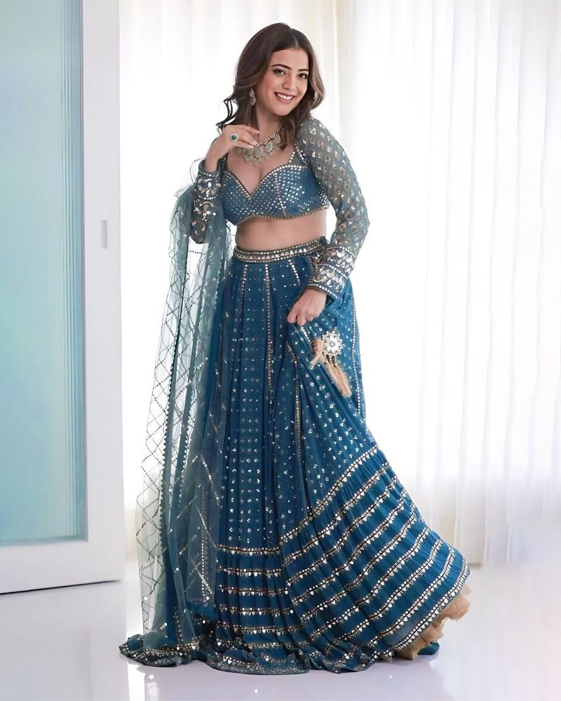 Faux Georgette Blue Lehenga Choli Dupatta Set with Sequin & Jari Embroidery, 4 Meter Flair ClothsVilla