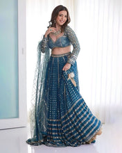 Load image into Gallery viewer, Faux Georgette Blue Lehenga Choli Dupatta Set with Sequin &amp; Jari Embroidery, 4 Meter Flair ClothsVilla