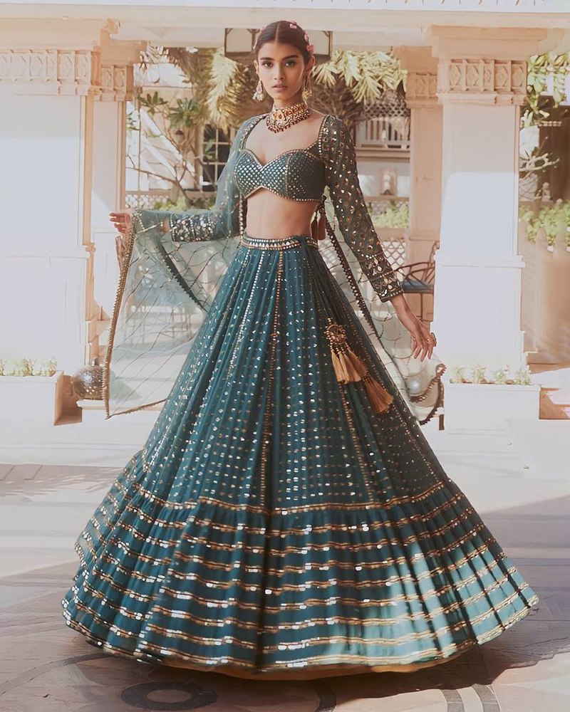 Faux Georgette Bottle Green Lehenga Choli Dupatta Set with Sequin & Jari Embroidery, 4 Meter Flair Secondary image