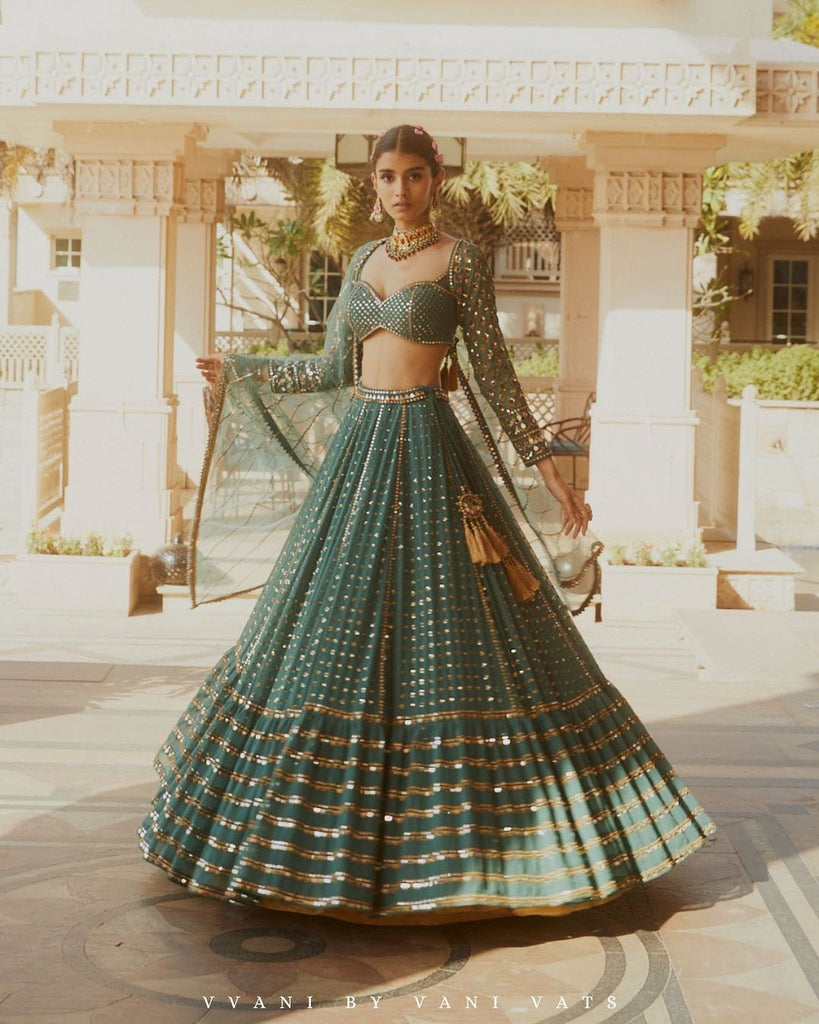 Faux Georgette Bottle Green Lehenga Choli Dupatta Set with Sequin & Jari Embroidery, 4 Meter Flair ClothsVilla