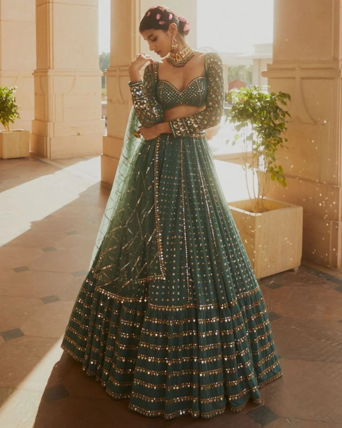 Faux Georgette Bottle Green Lehenga Choli Dupatta Set with Sequin & Jari Embroidery, 4 Meter Flair ClothsVilla