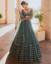 Load image into Gallery viewer, Faux Georgette Bottle Green Lehenga Choli Dupatta Set with Sequin &amp; Jari Embroidery, 4 Meter Flair ClothsVilla