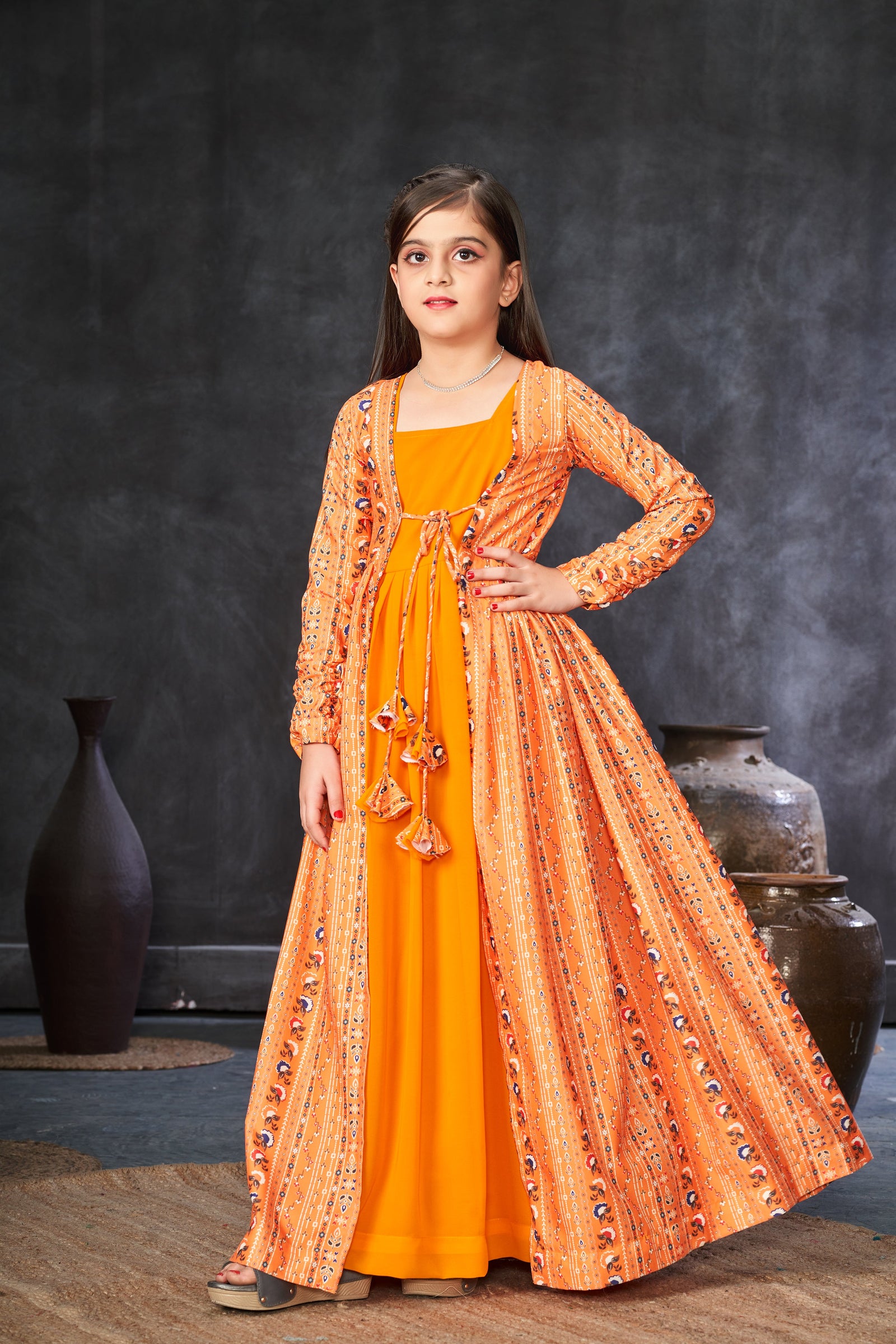 Faux Georgette Digital Print Shrug Set Indo-Western Gown for Girls Clothsvilla