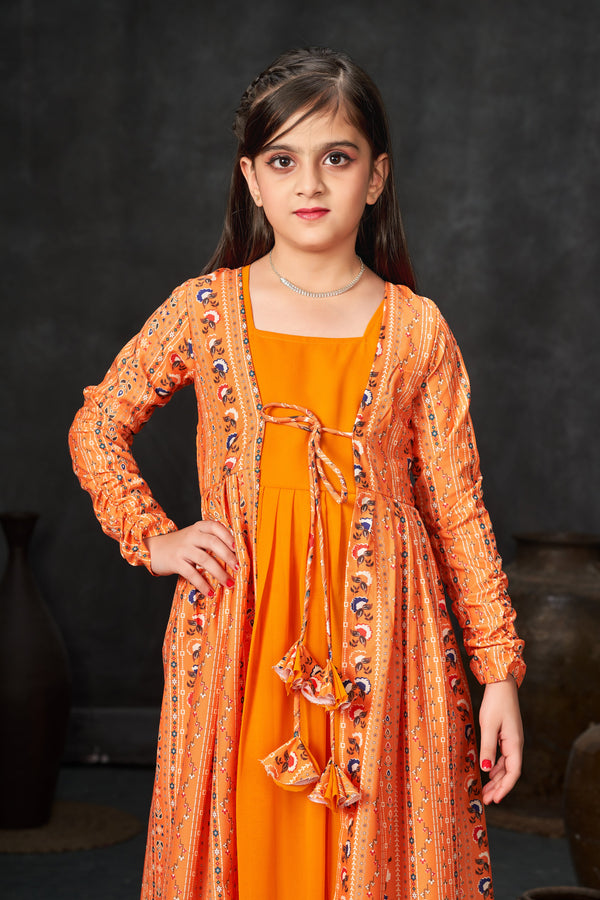 Faux Georgette Digital Print Shrug Set Indo-Western Gown for Girls Clothsvilla