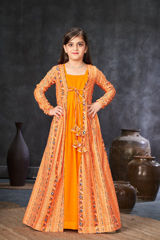 Faux Georgette Digital Print Shrug Set Indo-Western Gown for Girls Clothsvilla