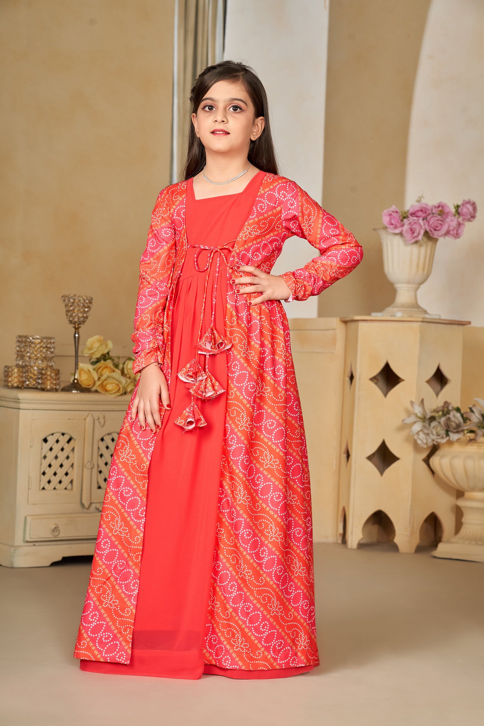Faux Georgette Digital Print Shrug Set Indo-Western Gown for Girls Clothsvilla
