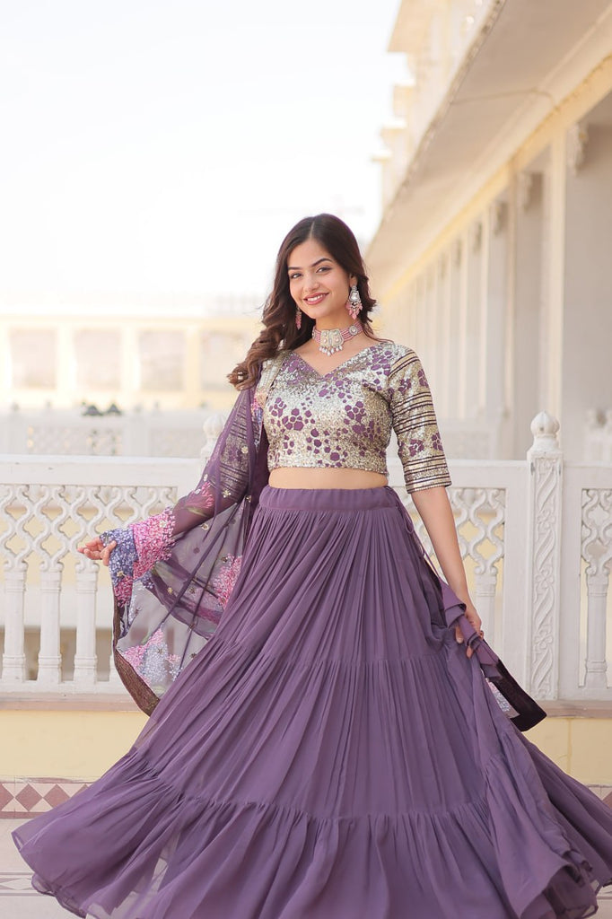 Faux Georgette Lavender Lehenga Choli Set with Sequin Embroidery and Digital Print Dupatta ClothsVilla