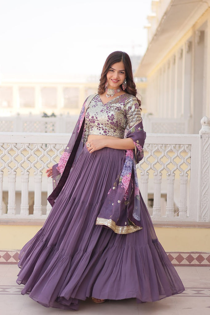 Faux Georgette Lavender Lehenga Choli Set with Sequin Embroidery and Digital Print Dupatta ClothsVilla