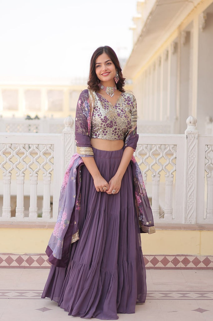 Faux Georgette Lavender Lehenga Choli Set with Sequin Embroidery and Digital Print Dupatta ClothsVilla