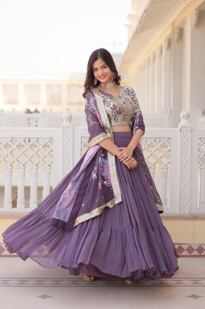 Faux Georgette Lavender Lehenga Choli Set with Sequin Embroidery and Digital Print Dupatta ClothsVilla