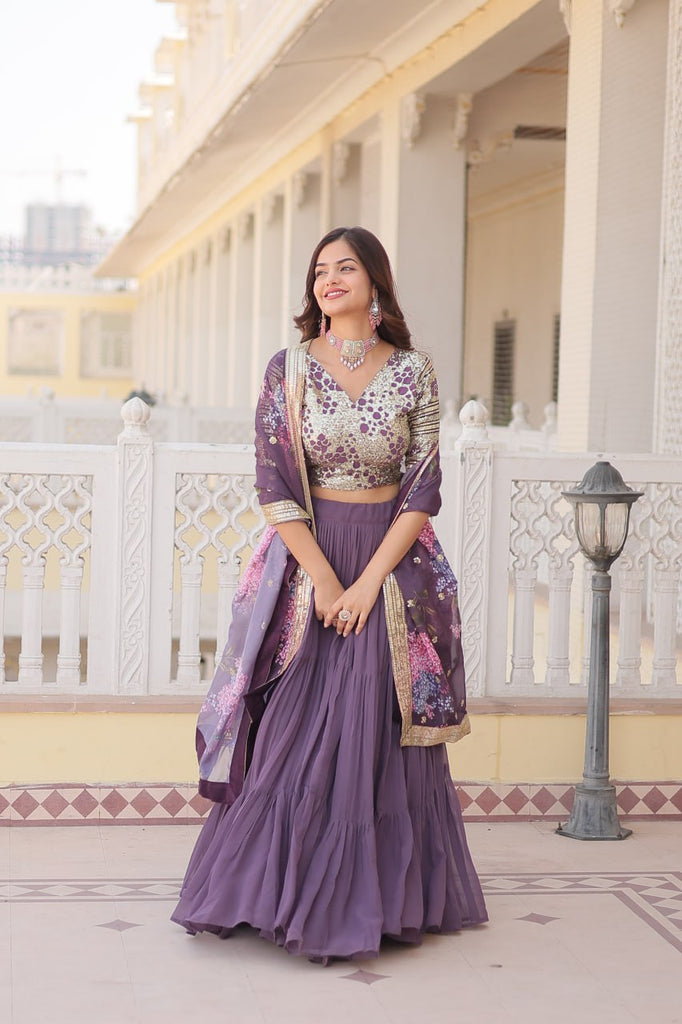 Faux Georgette Lavender Lehenga Choli Set with Sequin Embroidery and Digital Print Dupatta ClothsVilla