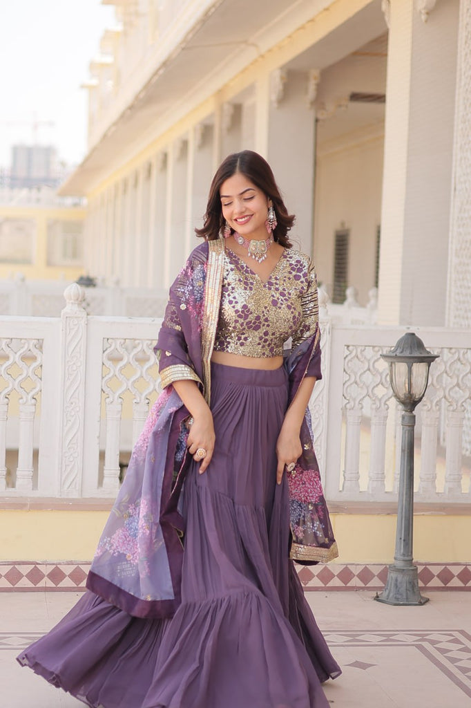 Faux Georgette Lavender Lehenga Choli Set with Sequin Embroidery and Digital Print Dupatta ClothsVilla